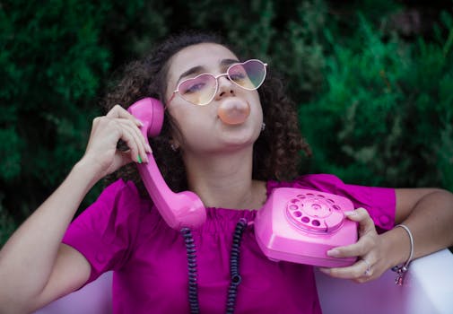 Trendy woman with curly hair blowing bubble gum while holding a vintage pink phone outdoors.