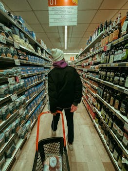 A person walks through a grocery store aisle with a shopping basket, looking at products.