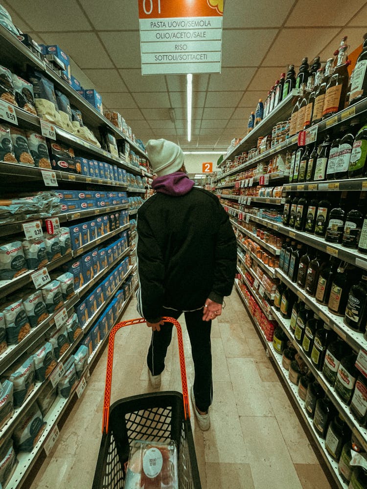 A Man Walking On A Grocery Store