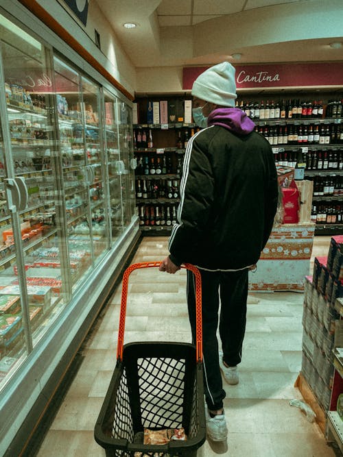 A Man Walking on a Grocery Store