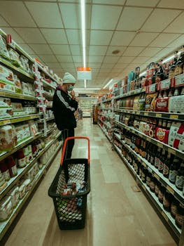 Man in a beanie shopping in a well-stocked supermarket aisle with a shopping basket.