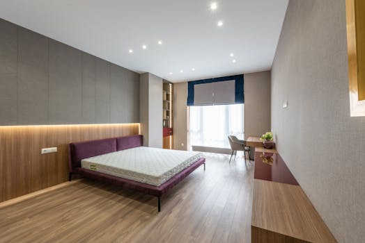 Spacious and bright modern bedroom with wooden flooring and minimalist decor.
