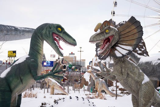 Snow-covered dinosaur statues at a theme park, set in a winter wonderland.