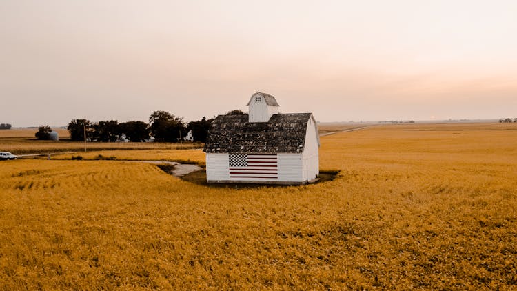 Farmhouse In The Middle Of Agricultural Field With An American Flag On It 