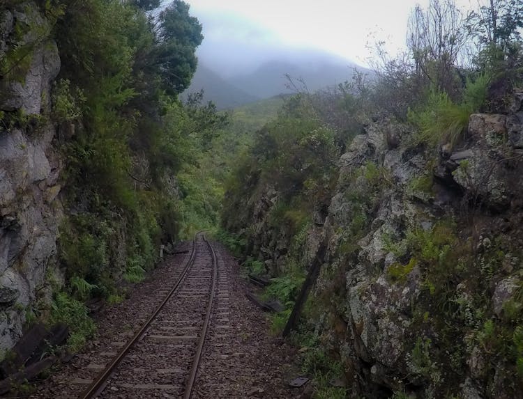 Train Track On Rocky Mountainside