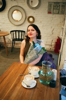 Smiling woman in a café holding a floral bouquet, enjoying coffee.