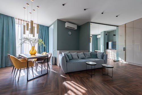 Interior of spacious living room with minimalist furniture