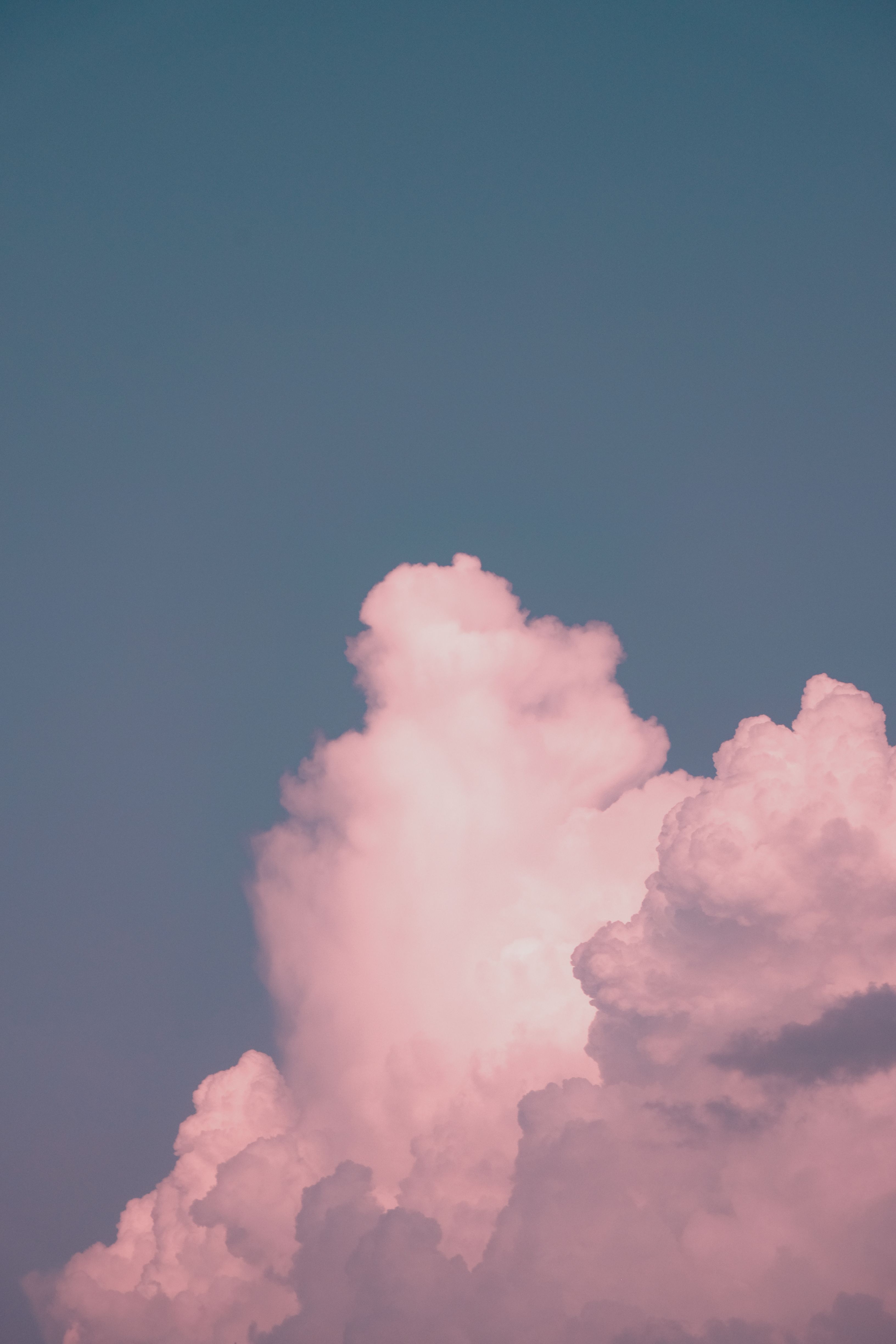 Serene pastel pink clouds float against a backdrop of clear blue sky, capturing a tranquil moment.