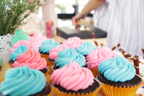 Chocolate Cupcakes Topped With Blue and Pink Icing 