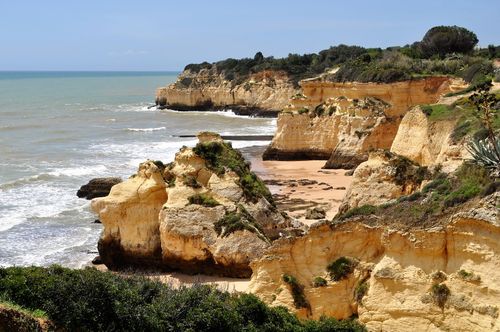 Free Spectacular eroded cliffs with lush greenery along a scenic coastal shoreline. Stock Photo