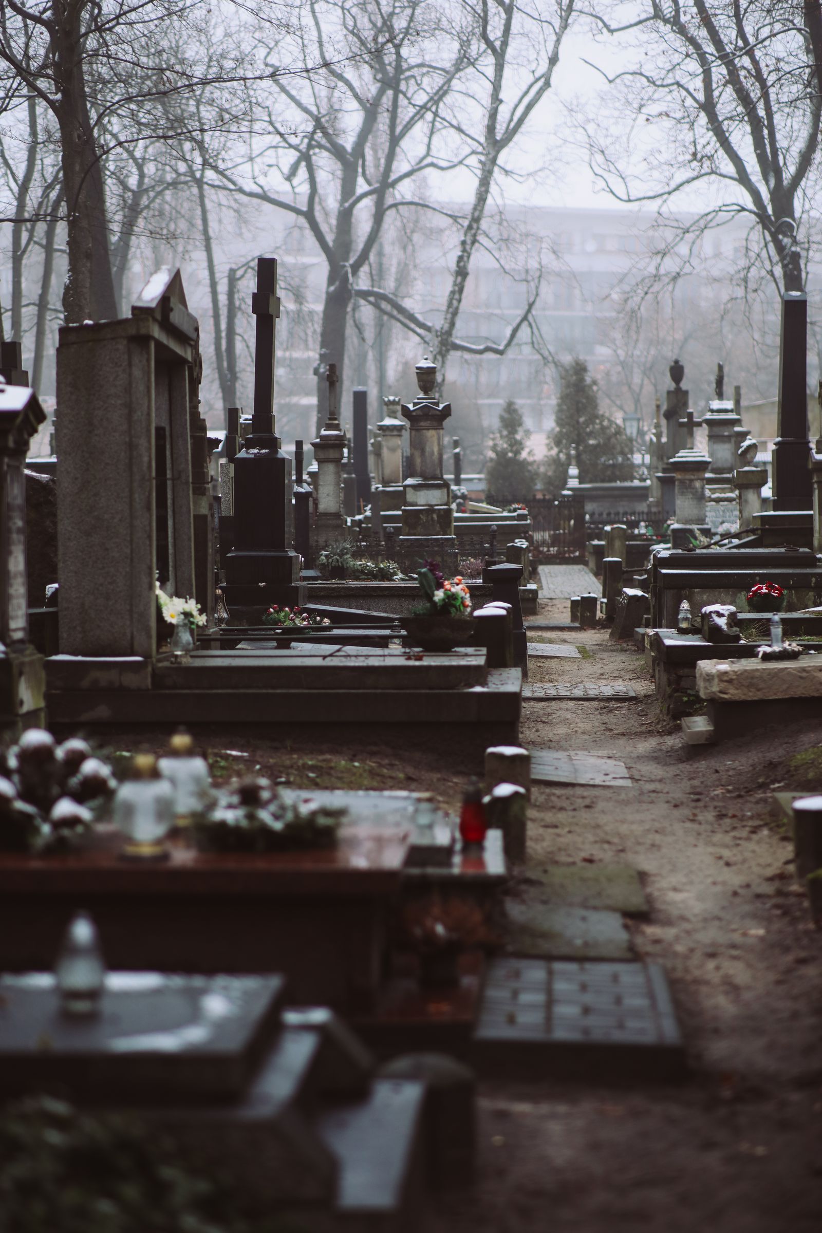 Foggy cemetery with old gravestones