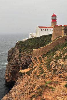 A breathtaking view of the Sagres lighthouse perched on rugged cliffs by the ocean.