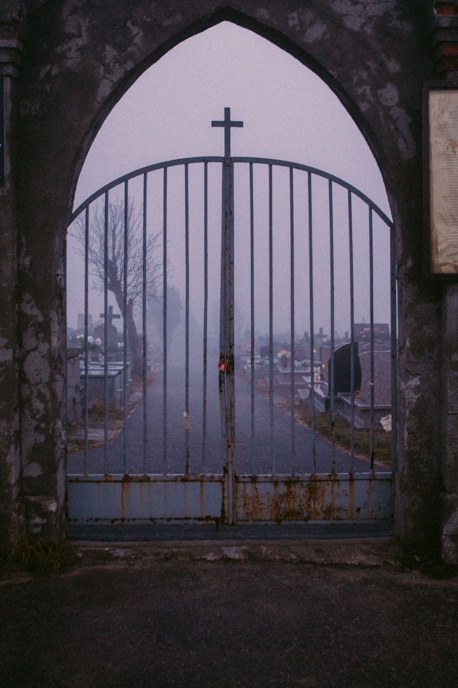 Old cemetery gate surrounded by heavy fog