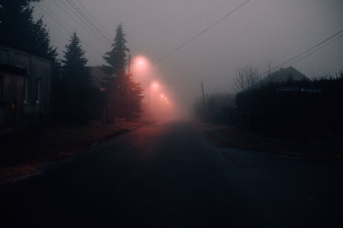 Gray Asphalt Road with Fog during Night Time