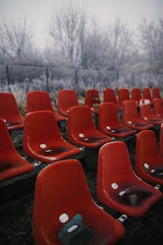 Empty red seats in a foggy outdoor area evoke a sense of isolation.