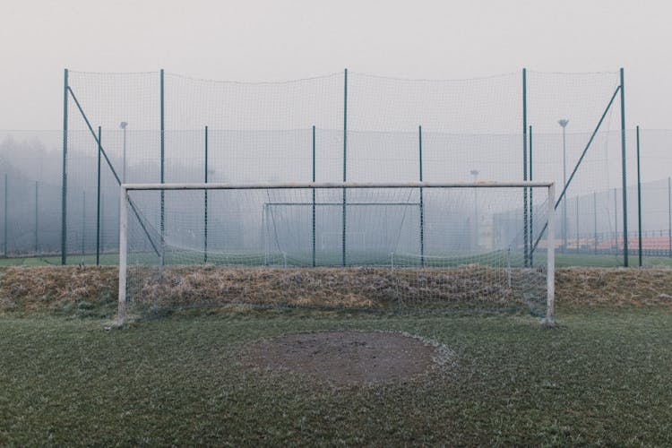 Football Goal Net On The Frosty Grass