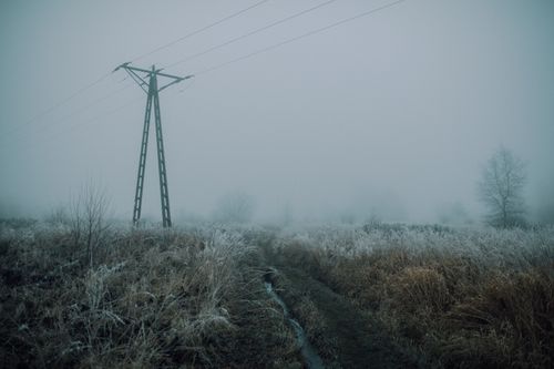 Free A foggy winter scene with power lines and frosty grass field. Stock Photo