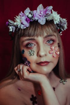Portrait of a woman with floral wreath and creative makeup featuring flower designs.