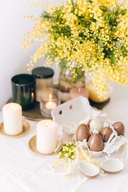 Free Colored Eggs And Burning Candles On Table Stock Photo