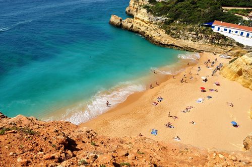 Free High-angle view of a sunny beach with people enjoying the summer sun and sea. Stock Photo
