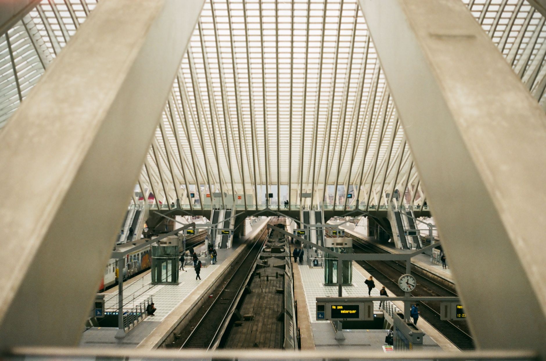 A view of the sleek, modern architecture of Liège Guillemins railway station in Belgium.