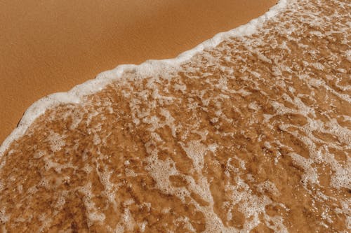 Sandy shore near foamy sea in daylight