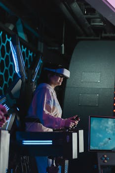 A young woman enjoying a virtual reality gaming experience indoors.
