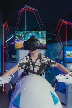 Young boy immersed in virtual reality experience at an arcade, playing an electronic racing game.