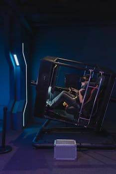 Person immersed in a virtual reality simulator experience, using a VR headset in a dark room setting.