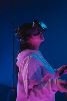 Woman enjoying a virtual reality simulator with a VR headset in a vibrant setting.