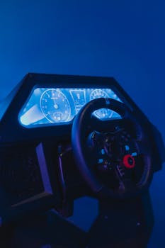 Close-up of a high-tech racing simulator with illuminated dials and steering wheel.