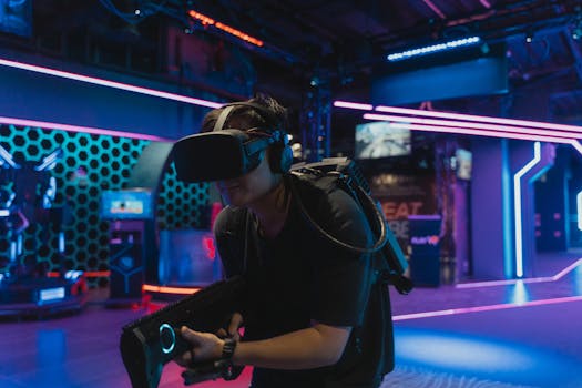 Man enjoying an immersive VR gaming experience with headset in a neon-lit arcade.
