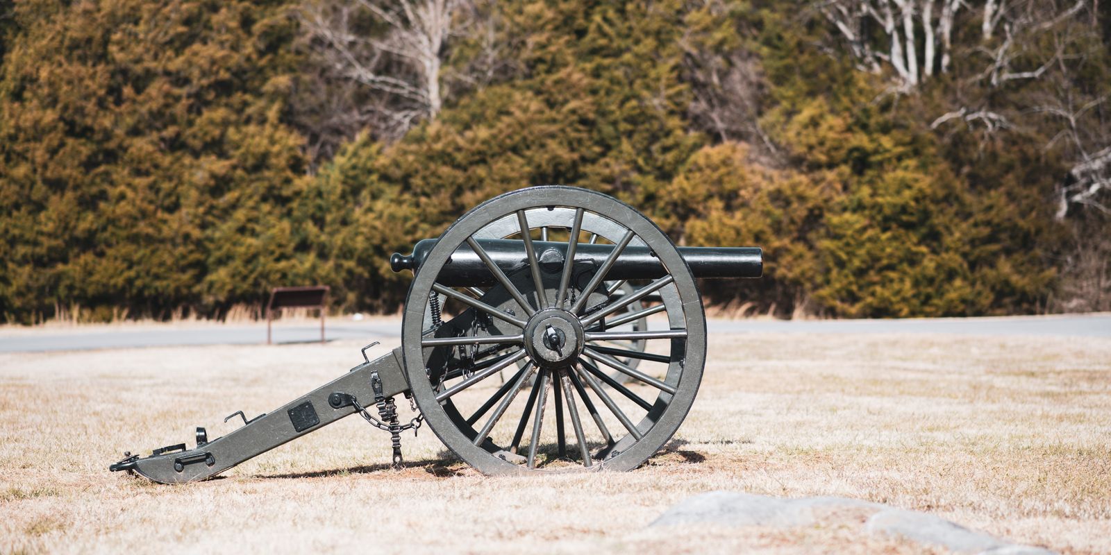 Historic cannon on a grassy field surrounded by trees