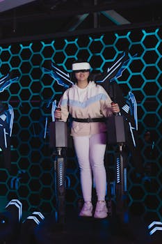 A young woman using virtual reality glasses in an immersive gaming environment.