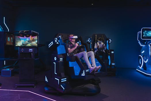 Adults enjoying a virtual reality gaming experience with VR headsets indoors.