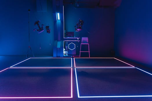 Explore a cutting-edge VR gaming room featuring vibrant neon lights and advanced technology.