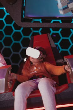 Young girl experiencing virtual reality in a futuristic arcade setting.