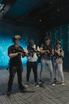 Four adults enjoying an immersive virtual reality gaming session indoors with VR headsets.