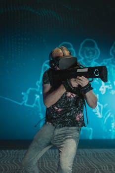 Person enjoying a virtual reality gaming session with a VR headset and controller.