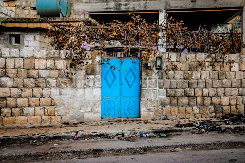 Colorful door on stone wall