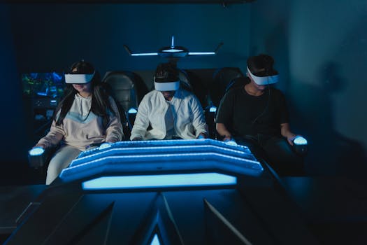 A diverse group experiencing immersive virtual reality gaming indoors.