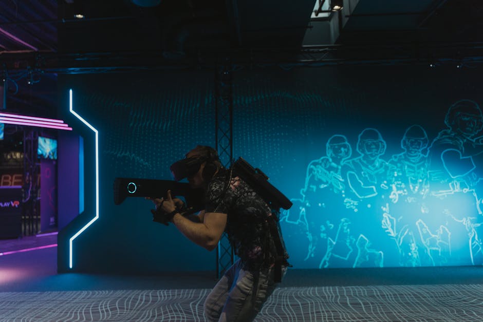 A man fully engaged in an immersive virtual reality gaming experience indoors.