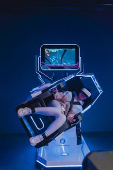 Person enjoying a futuristic virtual reality gaming simulator indoors with neon lights.