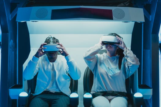 Two adults engaged in a virtual reality experience using VR headsets in a futuristic setting.
