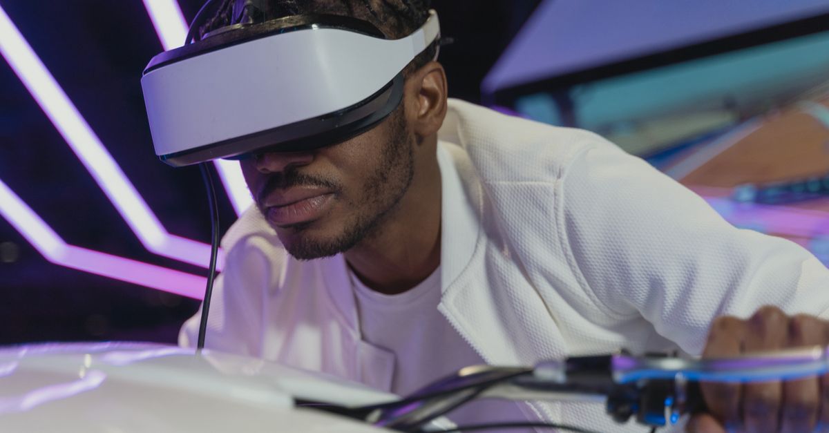 A man deeply engaged in virtual reality gaming with a VR headset, creating a futuristic and immersiv