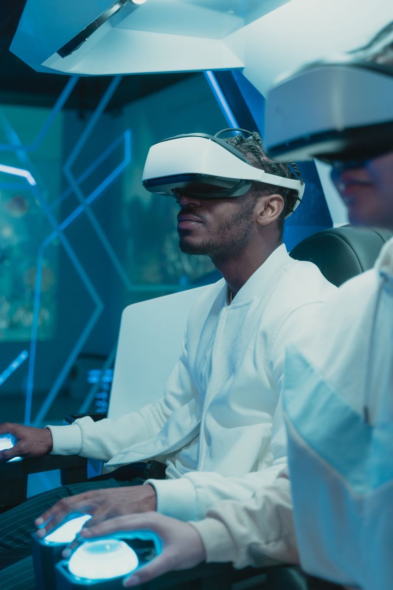 Two adults engaged in virtual reality gaming, exploring the metaverse with VR headsets in a high-tech environment.
