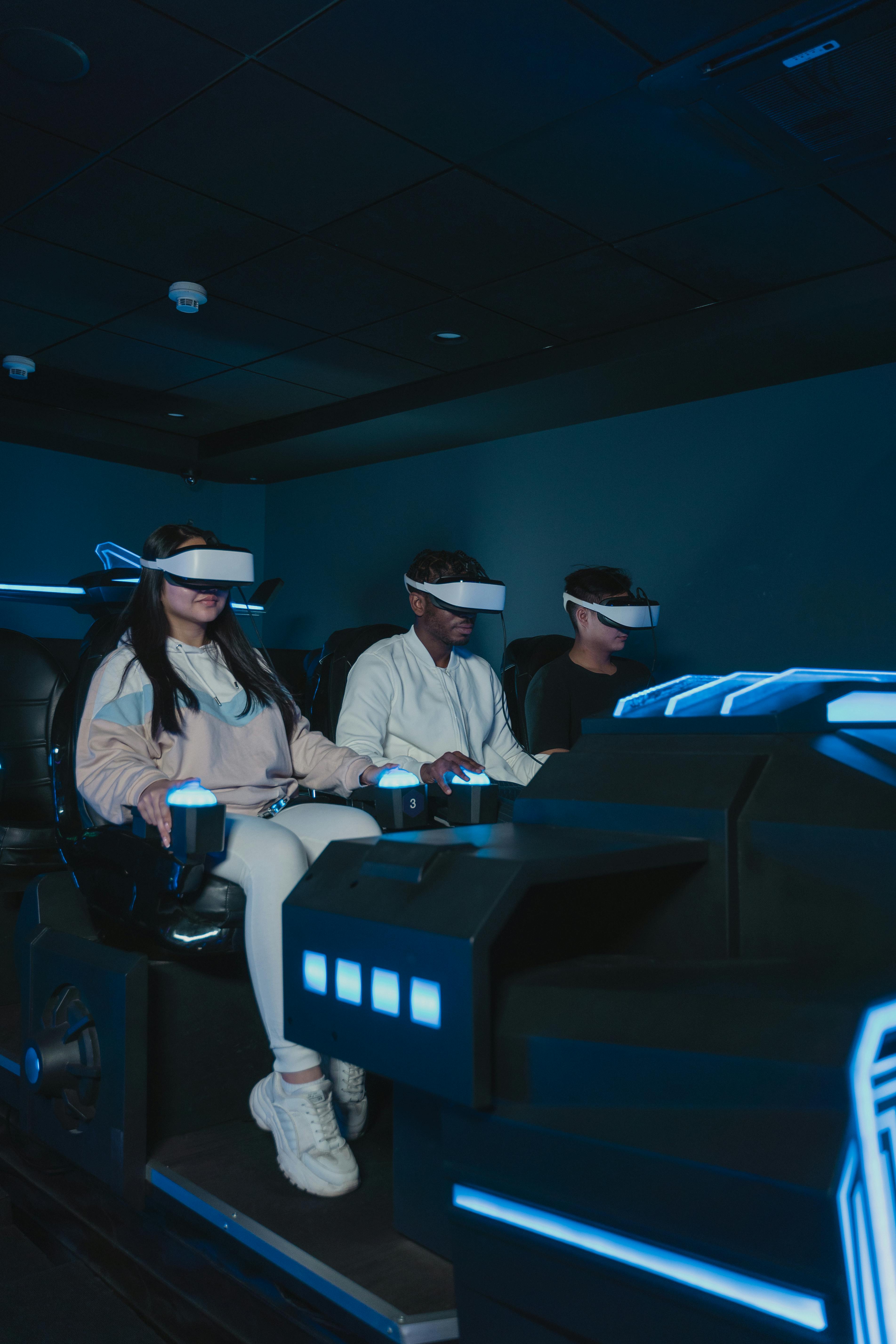 a group of people playing virtual reality glasses