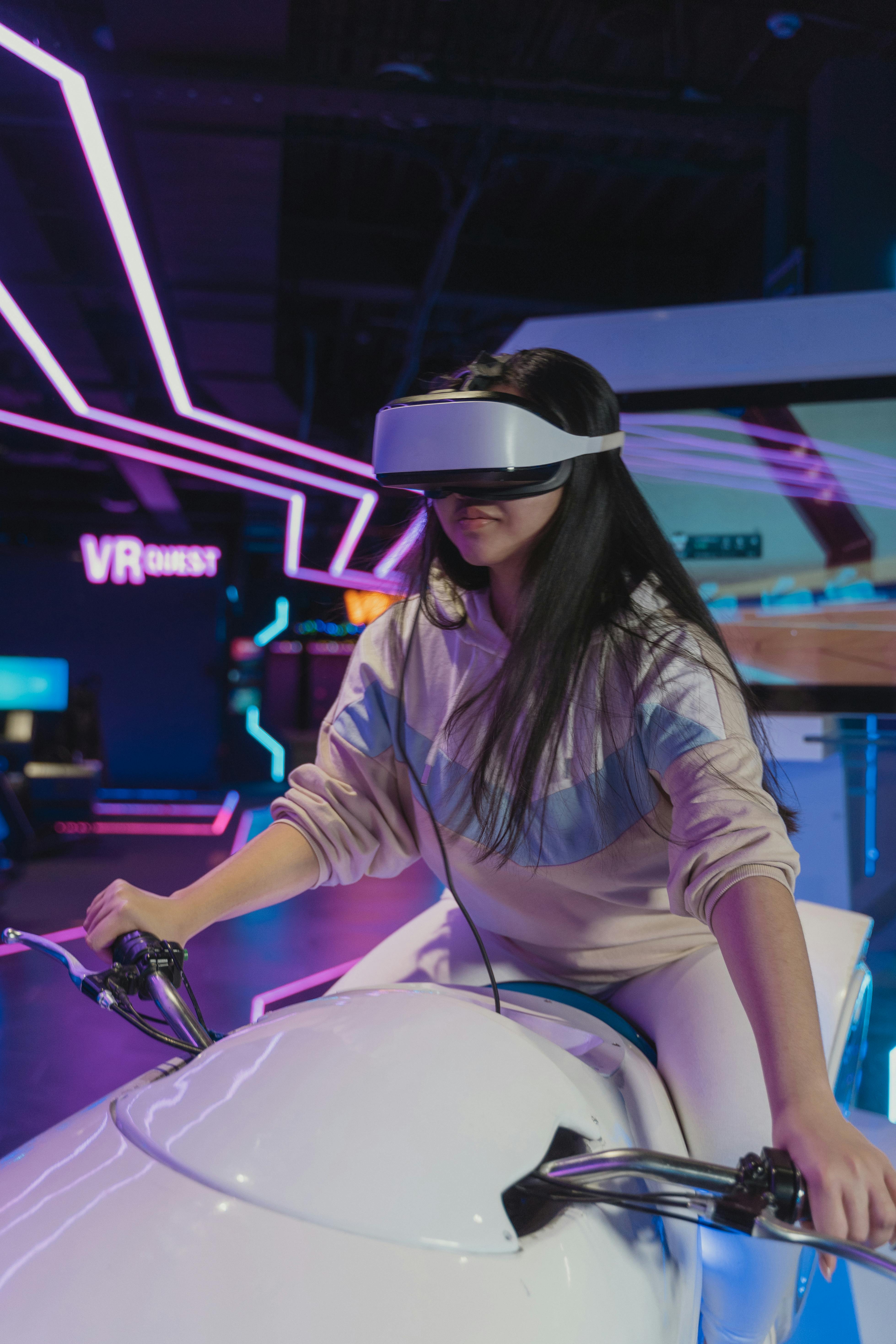 a woman playing virtual reality glasses