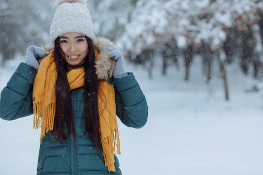 Asian woman smiling in snowy winter with bright scarf and beanie in an outdoor setting.