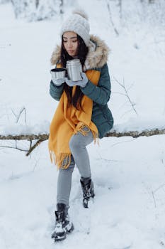 An Asian woman in winter clothing enjoys a warm drink in a snowy forest setting.